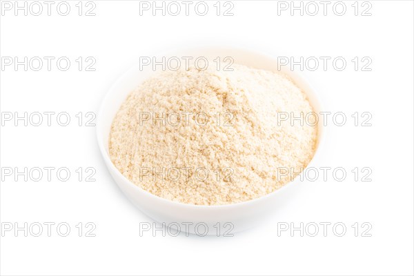 Powdered milk and buckwheat baby food mix, infant formula isolated on white background. Top view,
