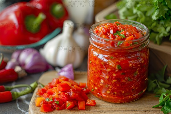 Freshly prepared paprika jam in a jar next to ingredients on a wooden cutting board, KI generated,