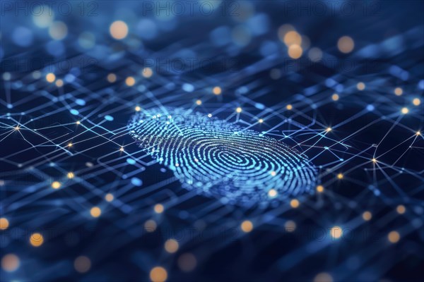 Digital representation of a fingerprint with network connections symbolises security technology,