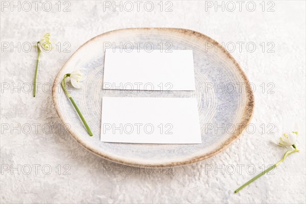 White paper invitation card, mockup with galanthus snowdrop flowers on ceramic plate and gray