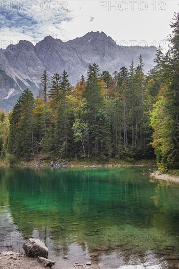 Zugspitze massif and Zugspitze with Eibsee lake, Wetterstein mountains, Grainau, Werdenfelser Land,