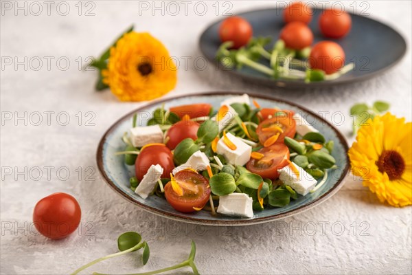 Vegetarian vegetables salad of tomatoes, marigold petals, microgreen sprouts, feta cheese on gray