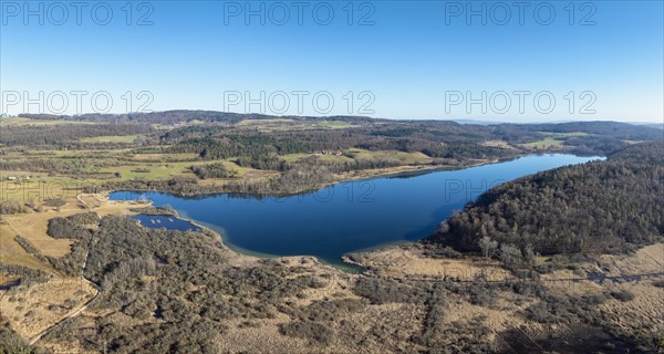 Aerial panorama of Lake Mindelsee, a glacial tongue lake on the Bodanrueck, district of Constance,