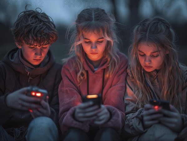Several young people look bored at their cell phones, neglect social contacts, sport, reading, AI