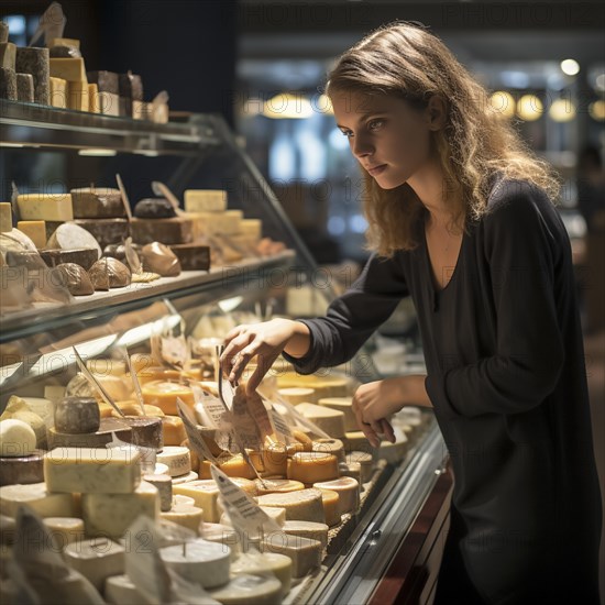 Young woman shopping in supermarket, at the cheese counter, meat counter, fruit stand, bakery, fish