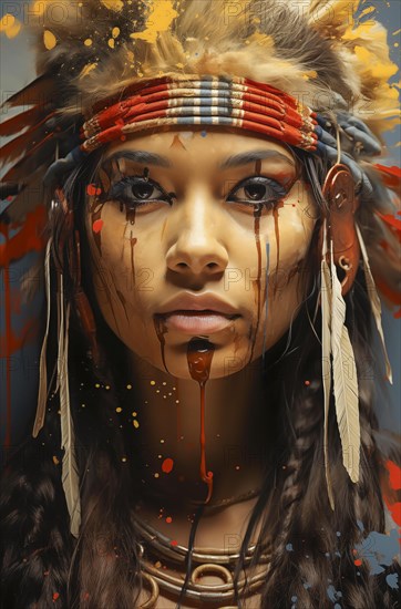 Portrait of a young woman in Indian style with feather jewellery and a serious expression, AI