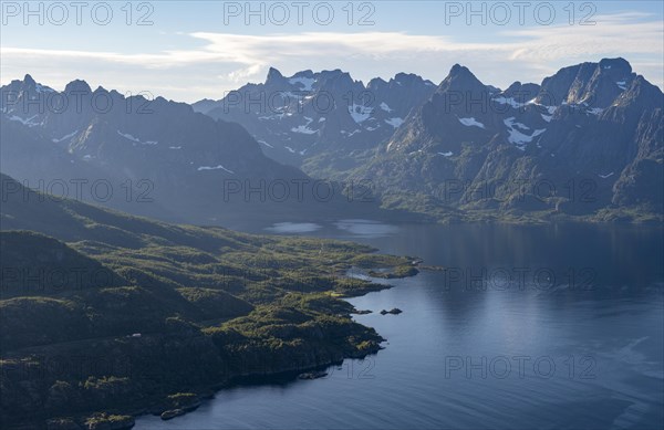 Atmospheric landscape, Raftsund fjord and mountains, view from the summit of Dronningsvarden or