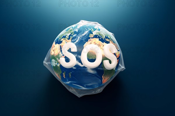 Planet earth in plastic bag with SOS letters. Earth pollution concpet. KI generiert, generiert AI