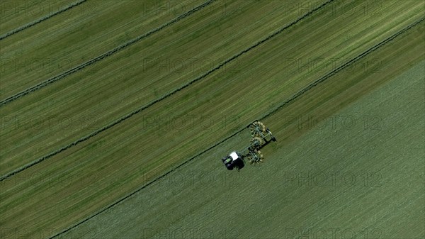 Farmer cutting grass to straight rows with tractor and large roundabout rake, drone shot, Upper
