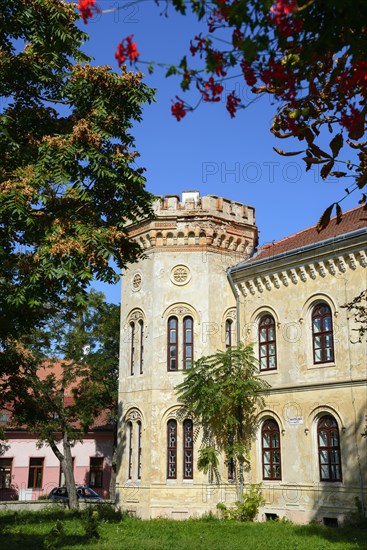 Historic building with battlements under a clear blue sky, surrounded by nature and blooming