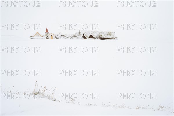 Grass sod houses, peat farm or peat museum Glaumbaer or Glaumbaer in winter, Skagafjoerour,