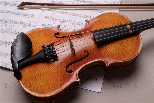 Half viola with bow and music book in front of a monochrome background, studio photograph, Germany,
