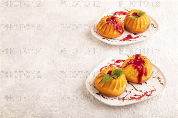 Semolina cheesecake with strawberry jam, lavender on gray concrete background. side view, copy