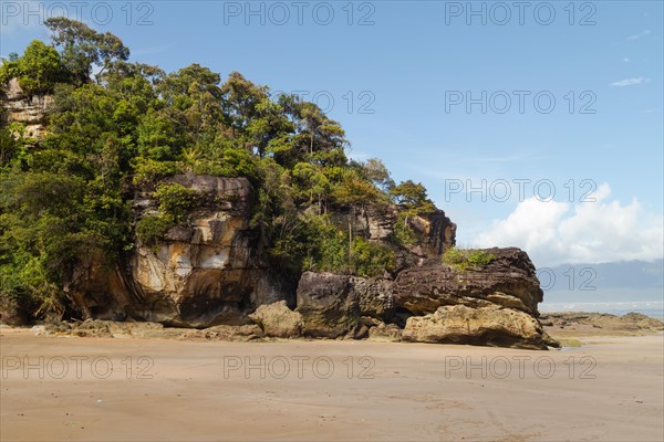 Cliff in Bako national park, sunny day, blue sky and sea. Vacation, travel, tropics concept, no