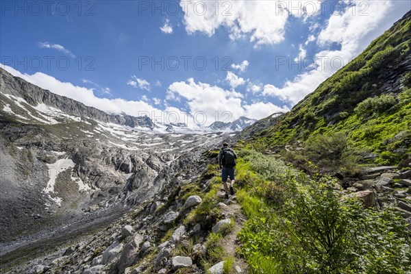 Mountaineer on hiking trail, mountain landscape with rocky mountains and snow, Berliner Hoehenweg,