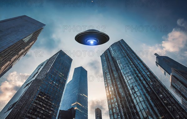 Science fiction, space travel, a UFO, a spacecraft of extraterrestrial beings, hovers over the
