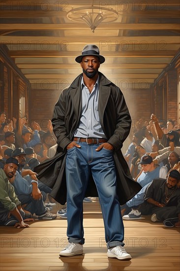 Illustrated african american 40s man in a fedora and trench coat stands confidently with a crowd