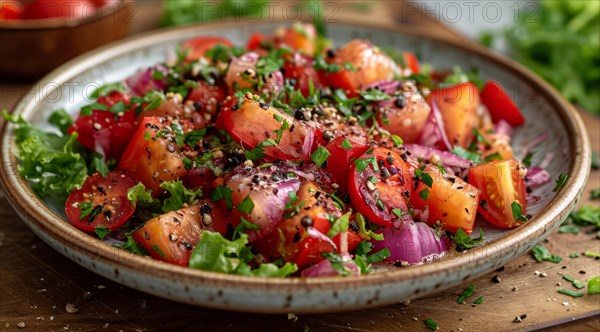 Mediterranean fresh and appetizing tomato salad with lettuce, red onion, and parsley in a seasoned