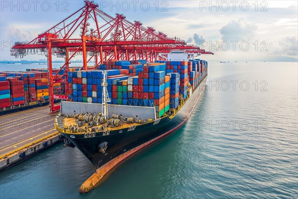 A large container ship in the harbour loaded with colourful containers under a partly cloudy sky,
