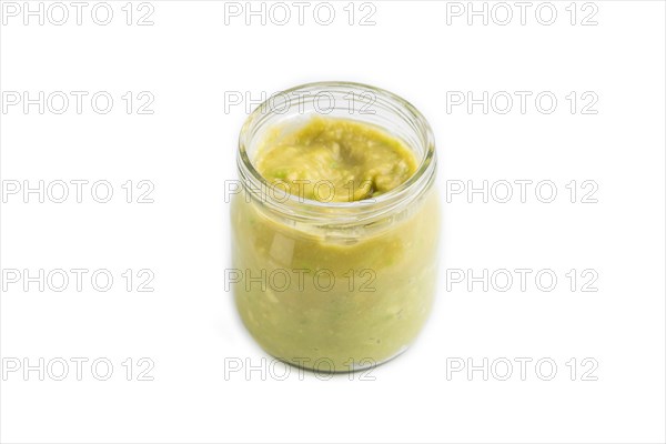 Baby puree with vegetable mix, broccoli, tomatoes, cucumber, avocado infant formula in glass jar