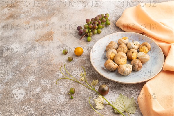 Grape (Burgundy) snails with butter and cheese on brown concrete background and orange textile.