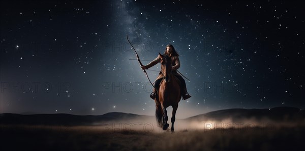 Young man Sagittarius according to the zodiac sign with a bow in his hands with dark hair and green