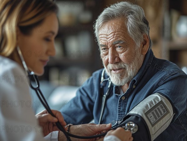 A man checks his blood pressure with a measuring device. Avoidance of bulk hypertension, scarcity,