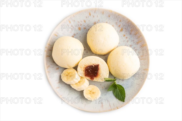 Japanese rice sweet buns mochi filled with jam isolated on white background. top view, flat lay,