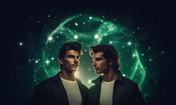 Young man Gemini by zodiac sign with dark hair and green eyes against the background of the starry