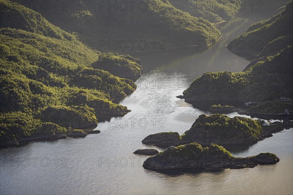 Fjord landscape with atmospheric evening light, Ulvagfjorden fjord and mountains, view from the top