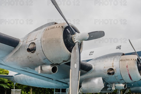 Radial engines mounted on wing of C-54 Skymaster on display at museum in Jeju, South Korea, Asia