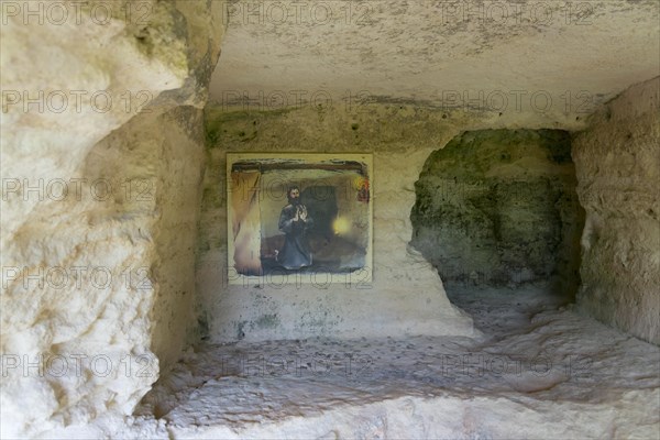 Painting in a rock niche within an eroded cave wall, prayer room, Aladja Monastery, Aladja