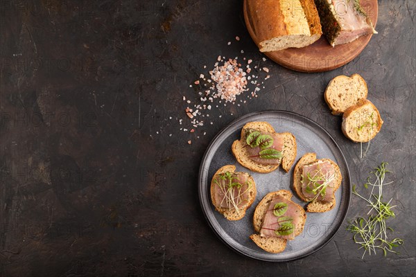 Bread sandwiches with jerky salted meat, sorrel and cilantro microgreen on black concrete