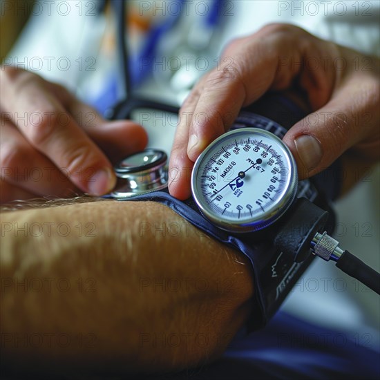 A man checks his blood pressure with a measuring device. Avoidance of bulk hypertension, scarcity,
