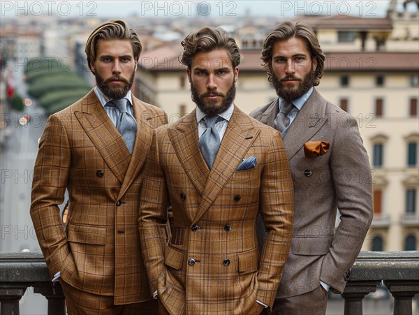 Fashion in Italy, men and women posing with new trendy fashion generated in Milan, AI generated