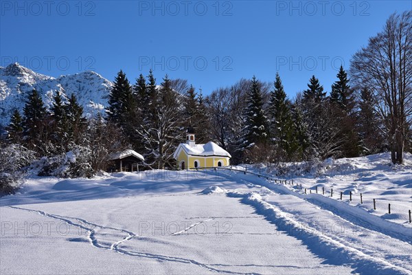 Snow-covered chapel Maria on the humpback meadows Werdenfelser Land near Garmisch in wintry idyll,