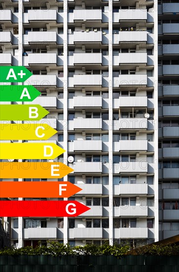 Facade of a high-rise building, graphic with energy efficiency classes for buildings according to
