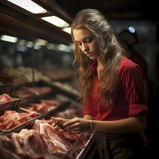 Young woman shopping in supermarket, at the cheese counter, meat counter, fruit stand, bakery, fish