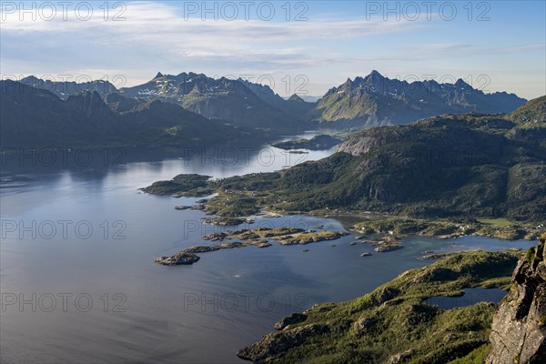 Fjord Raftsund and mountains, view from the top of Dronningsvarden or Stortinden, Vesteralen,