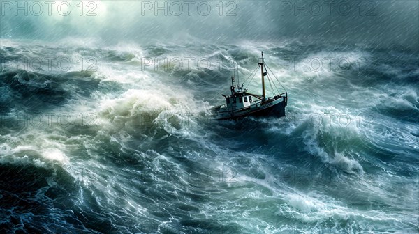 A heavy storm sweeps over the sea and creates very high waves at wind force 12 and in the middle of