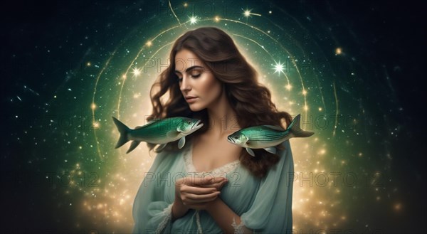 Young woman Pisces according to the zodiac sign with brown hair and blue eyes with a fish in her