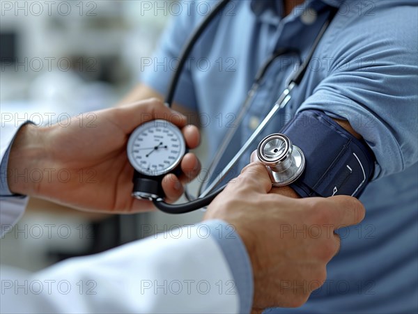 A man checks his blood pressure with a measuring device. Avoidance of bulk hypertension, scarcity,