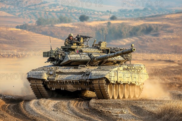 A military tank drives through dusty desert terrain, a soldier operates a machine gun, AI
