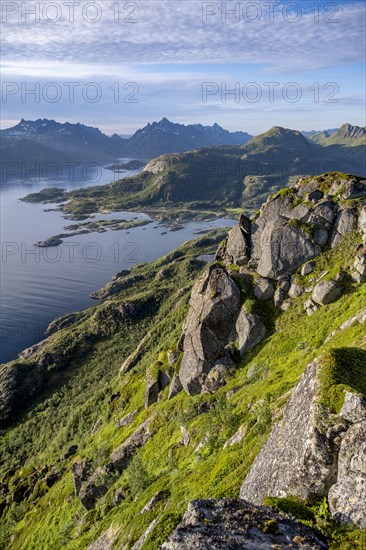 Fjord Raftsund and mountains, view from the top of Dronningsvarden or Stortinden, Vesteralen,