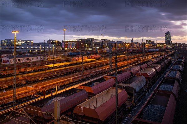 Numerous wagons are parked at the Frankfurt East freight station, near the European Central Bank