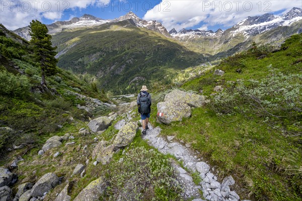 Mountaineers on a hiking trail in front of a picturesque mountain landscape, rocky mountain peaks