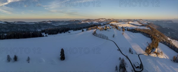 View over the Brunnersberg into the Jura, drone shot in winter, Brunnersberg, Solothurn,