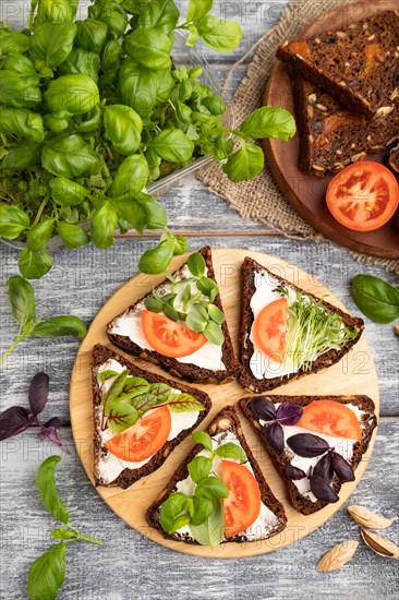 Grain rye bread sandwiches with cream cheese, tomatoes and basil microgreen on gray wooden
