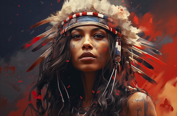Digital artwork of a woman in a Native American feather headdress with an intense gaze and red