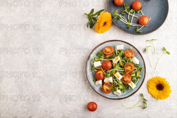 Vegetarian vegetables salad of tomatoes, marigold petals, microgreen sprouts, feta cheese on gray